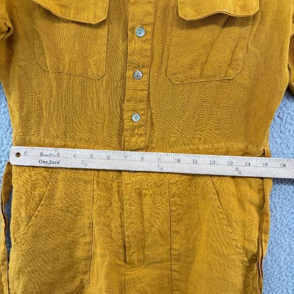 Fanco Linen Romper Mustard Yellow Short Sleeve Belted Tie Waist Sz Small - Picture 5 of 13